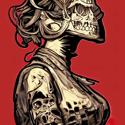 Image similar to portrait skull girl biker by petros afshar, tom whalen, laurie greasley, jc leyendecker and singer sargent