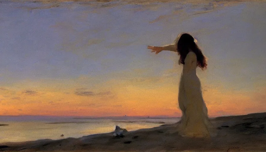 Prompt: ghostly woman singing on the beach, overlooking the sea during sunset, by john singer sargent