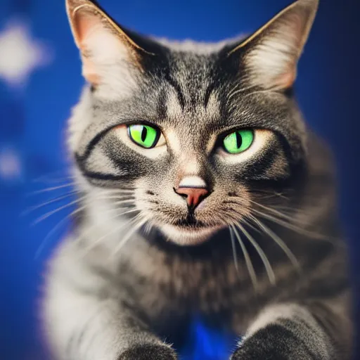 Prompt: portrait photo of cat as captain america, blue tabby fur, highly detailed, high resolution, cosplay photo, stunning, bokeh soft, trending on instagram, by professional photographer, shot with a canon