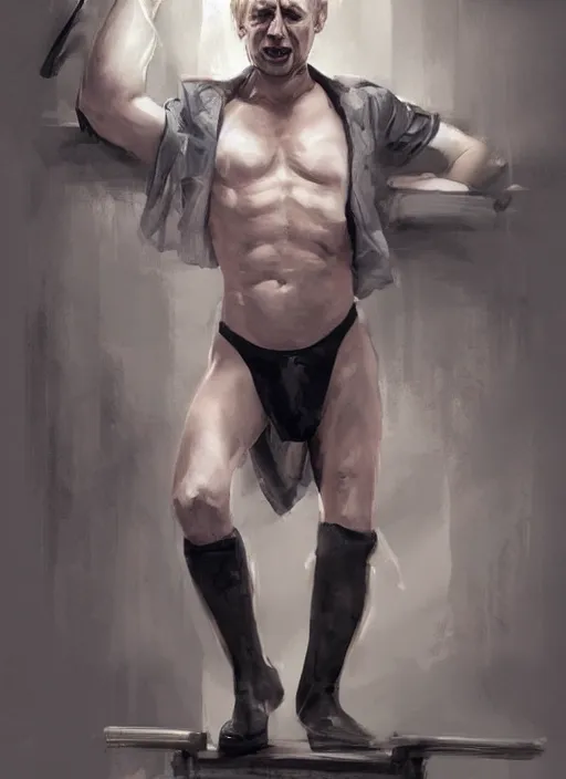 Prompt: a professional painting of vladimir putin, wearing in stocking, mesh shirt, in a strip club, dancing on a pole, elegant, digital painting, concept art, smooth, sharp focus, finely detailed illustration, beautifully framed, from Metal Gear, in the style of Artgerm and Greg Rutkowski and William-Adolphe Bouguerea