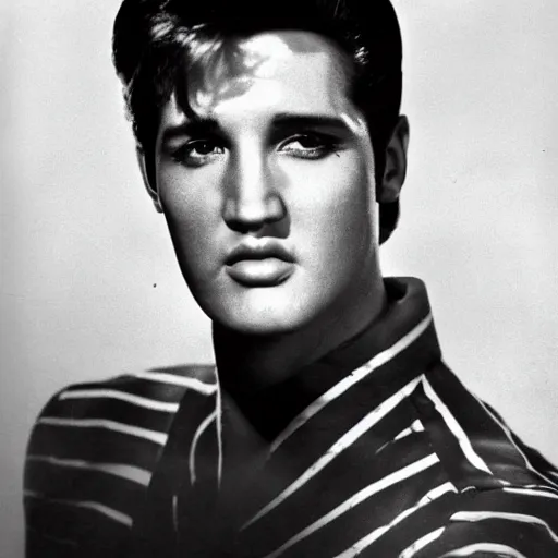 Image similar to a man who is a genetic combination of elvis presley and andy warhol, face and upper - body focus, detailed eyes, photograph taken in 1 9 5 5, award winning photograph