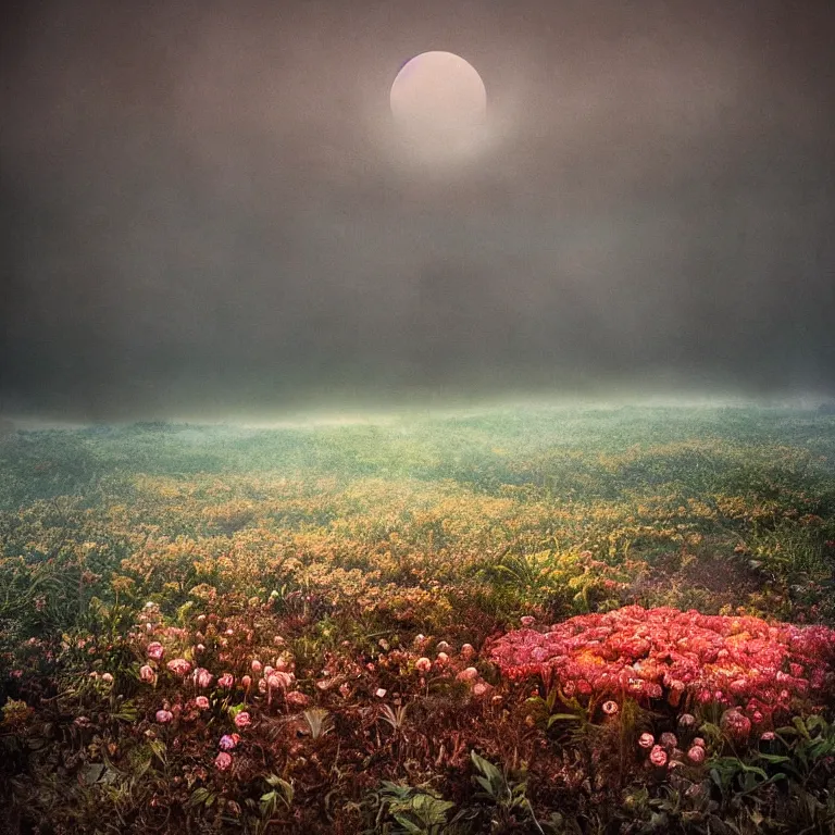 Image similar to a planet of various fungus, mushrooms, flowers and plants, inside the picture is infinity, Atmospheric, artistic photography, conceptual, long exposure outside the city, volumetric light