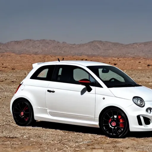 Prompt: a 2 0 1 0 abarth 5 0 0, abandoned in a desert, dusty, damaged, some rust