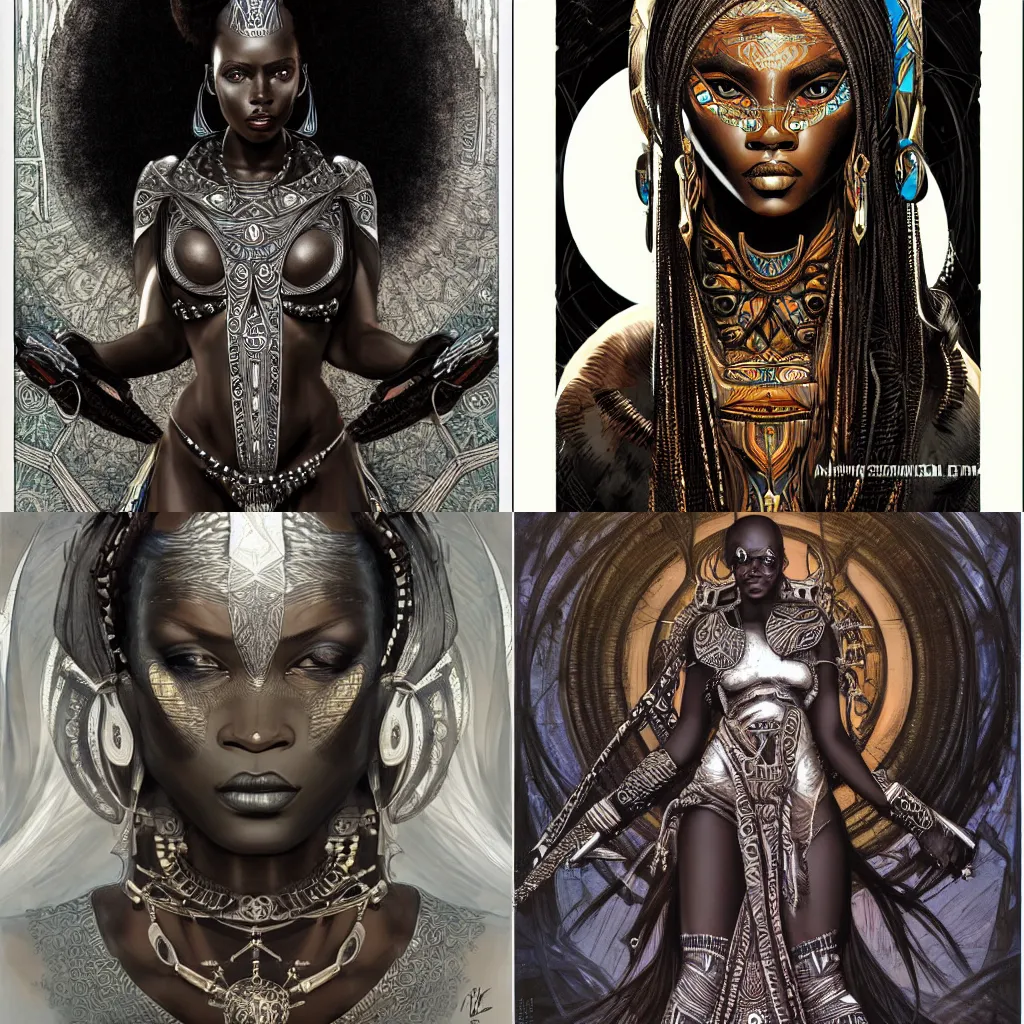 Prompt: black african princess, symmetric, intricate, highly detailed, concept art, sharp focus, illustration, rutkowski, mucha, aleksi briclot, giger