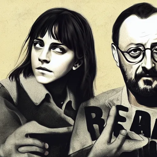Image similar to Emma Watson and Jean Reno in Leon The Professional, movie poster, digital art