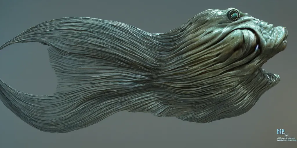 Image similar to goldfish, stylized layered textures, long flowing fins, bioluminescent orbs, 3 d render, substance painter, glowing eye, smooth, sharp focus, art by h r giger