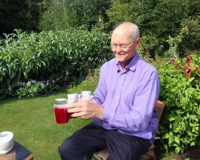 Prompt: mr robert is drinking fresh tea in a garden