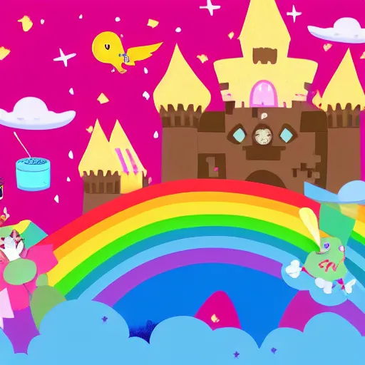 Prompt: small bird with a human head holding a piece of heavy cheese housing a mouse vomiting a rainbow, a big pink fluffy castle with slime canons in the background. small pilot princesses flying in space brownies attacking the fluffy castle