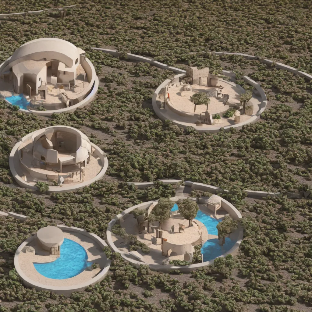 Prompt: architectural model, isometric view, 3 d render, studio lighting, low contrast, brightly lit studio, highly detailed, a circular house with circular courtyards, pool, on rocks on a desert, no tree