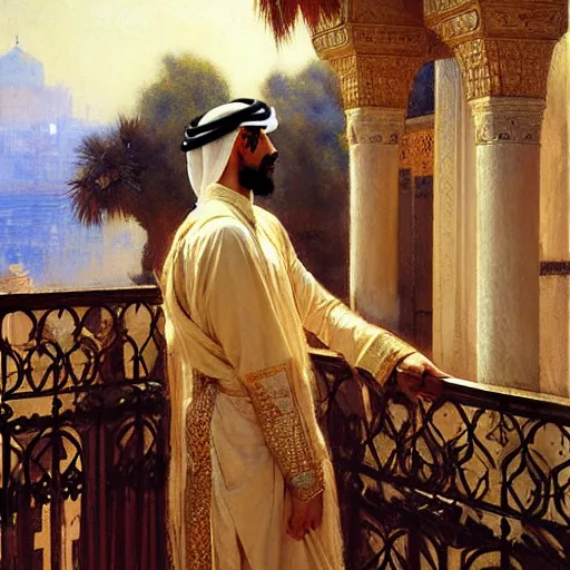 Image similar to attractive arab king confesses his love for his attractive male prince, in balcony of palace, above a river,. highly detailed painting by gaston bussiere, craig mullins, j. c. leyendecker