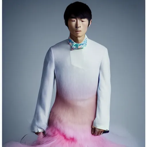 Image similar to a beautiful young japanese male wearing an ombre cotton candy gown designed by alexander mcqueen, photographed by andrew thomas huang for a fashion editorial