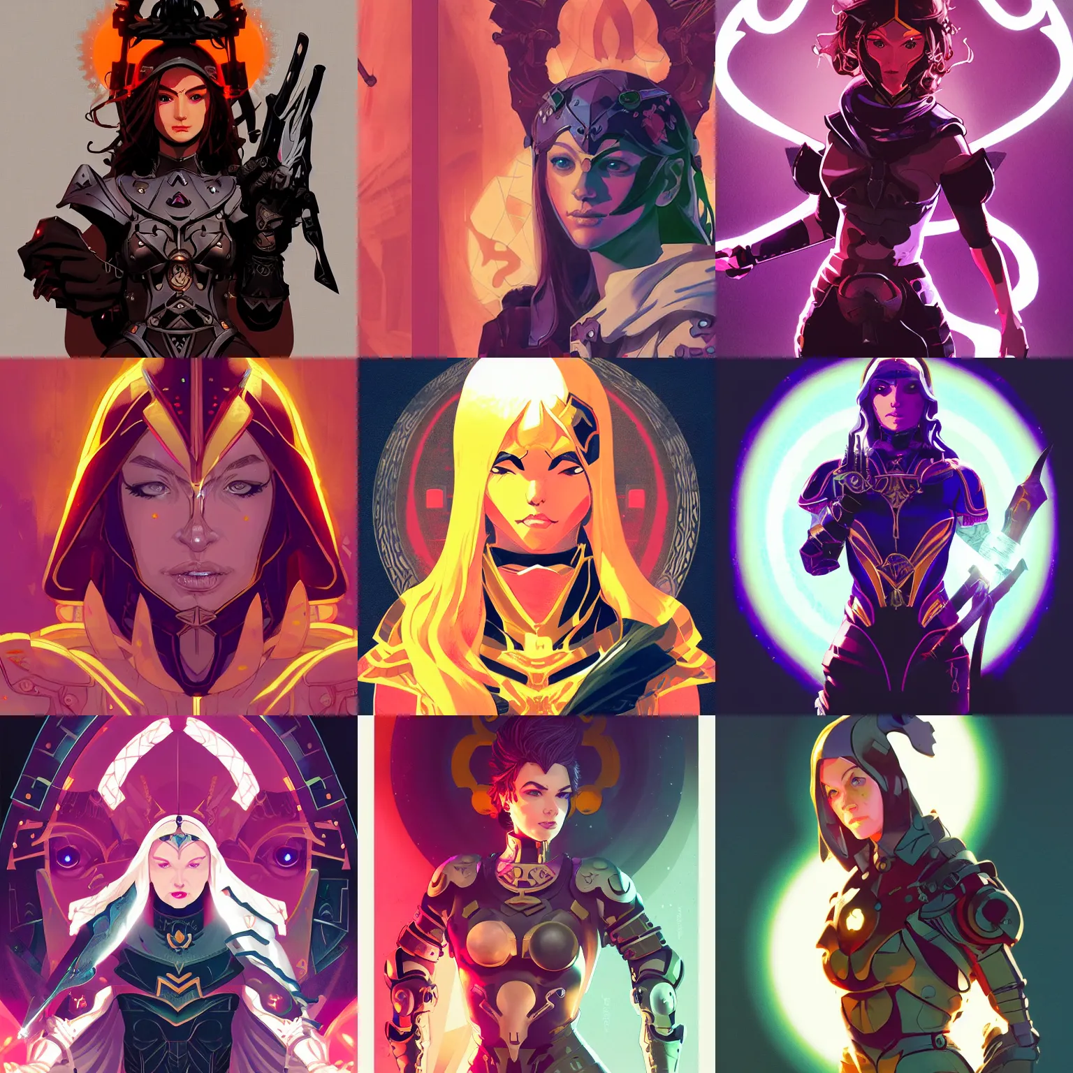 Prompt: fantasy paladin woman, symmetrical portrait, holy glow, sachin teng, yoji shinkawa, Mary Blair, Duncan Fegredo, mike mignola, 8k