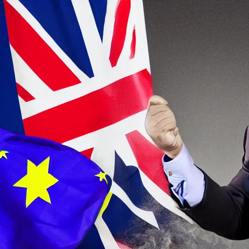 Image similar to nigel farage laughing holding burning eu flag, studio photograph, hd, studio