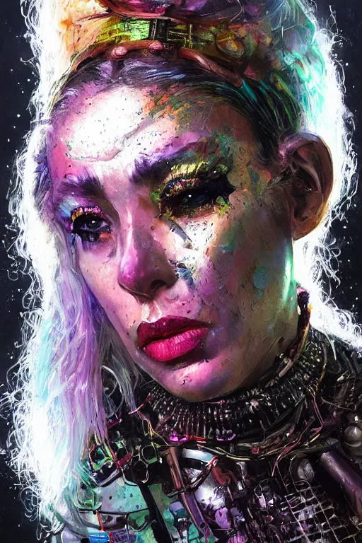 Image similar to portrait, headshot, digital painting, an delightfully mad, wholesome techno - shaman lady, metallic makeup, synthwave, glitch, fracture, crystal hair, realistic, hyperdetailed, chiaroscuro, concept art, painterly, art by john berkey