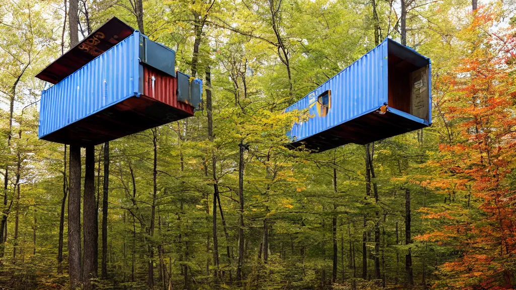 Image similar to modernist shipping container treehouses in william penn state forest, pennsylvania, usa, autumn