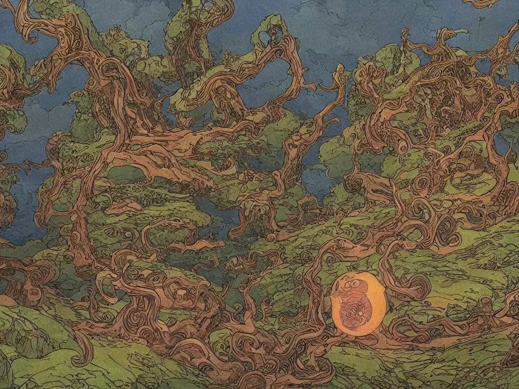 Image similar to fantasy landscape made by moebius with a 8 eyed humanoid god dealing cards over a medieval field