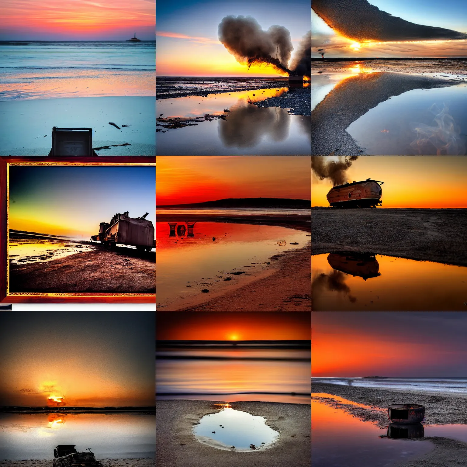 Prompt: destroyed burning smoking tank on an empty beach, reflections, award winning photograph, sunset