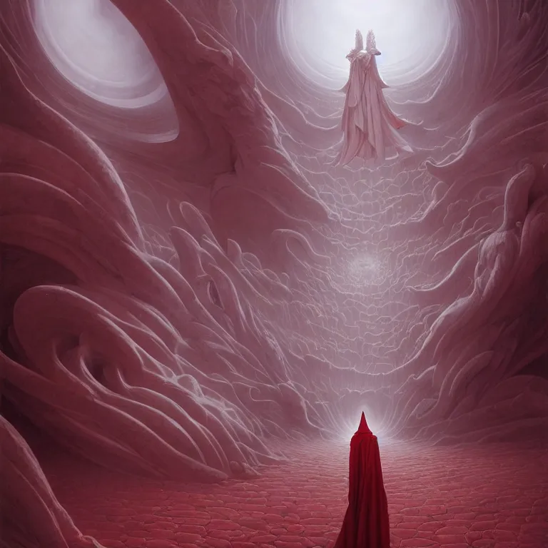 Image similar to one lone singular swirling otherworldly angel shrouded in red robes emerges from extensive barren white dunescape, matte painting by peter mohrbacher and filip hodas, background basilica sacrecoeur by hugh ferriss, godrays, high contrast, highly detailed, a