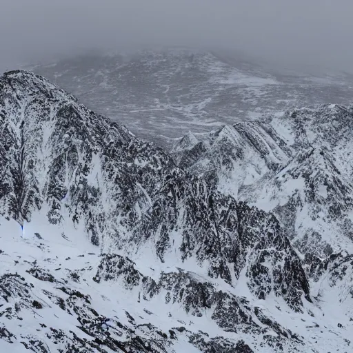 Image similar to a overlook of a artic mountain. below is a large monolithic cathedral, blocking out the rest of the view of the over look. grainy, overcast sky, snowing.