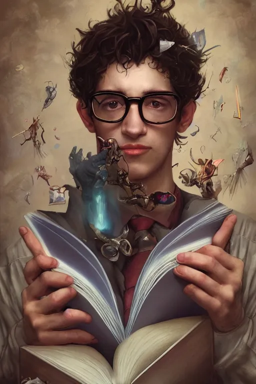 Image similar to magic nerdy guy reading a book in a cluttered messy bedroom, artgerm, tom bagshaw, gerald brom, vaporwave, vaporwave colors, perfect face, detailed face, symmetrical face,