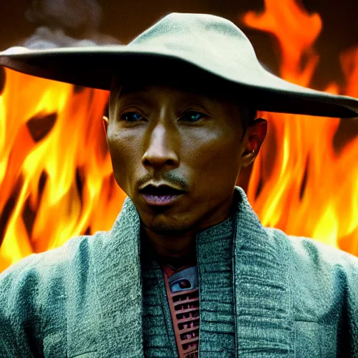 Image similar to cinematic film still Pharrell Williams starring as a Samurai holding fire, Japanese CGI, VFX, 2003, 40mm lens, shallow depth of field,film photography