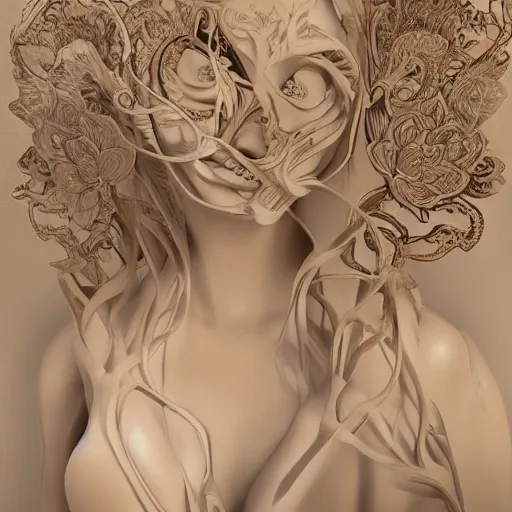 Image similar to beatifull face portrait of a woman, 150 mm, anatomical, flesh, flowers, mandelbrot fractal, facial muscles, veins, arteries, intricate, golden ratio, full frame, microscopic, elegant, highly detailed, ornate, ornament, sculpture, elegant , luxury, beautifully lit, ray trace, unreal, 3d, PBR, in the style of peter Gric , alex grey and Romero Ressendi