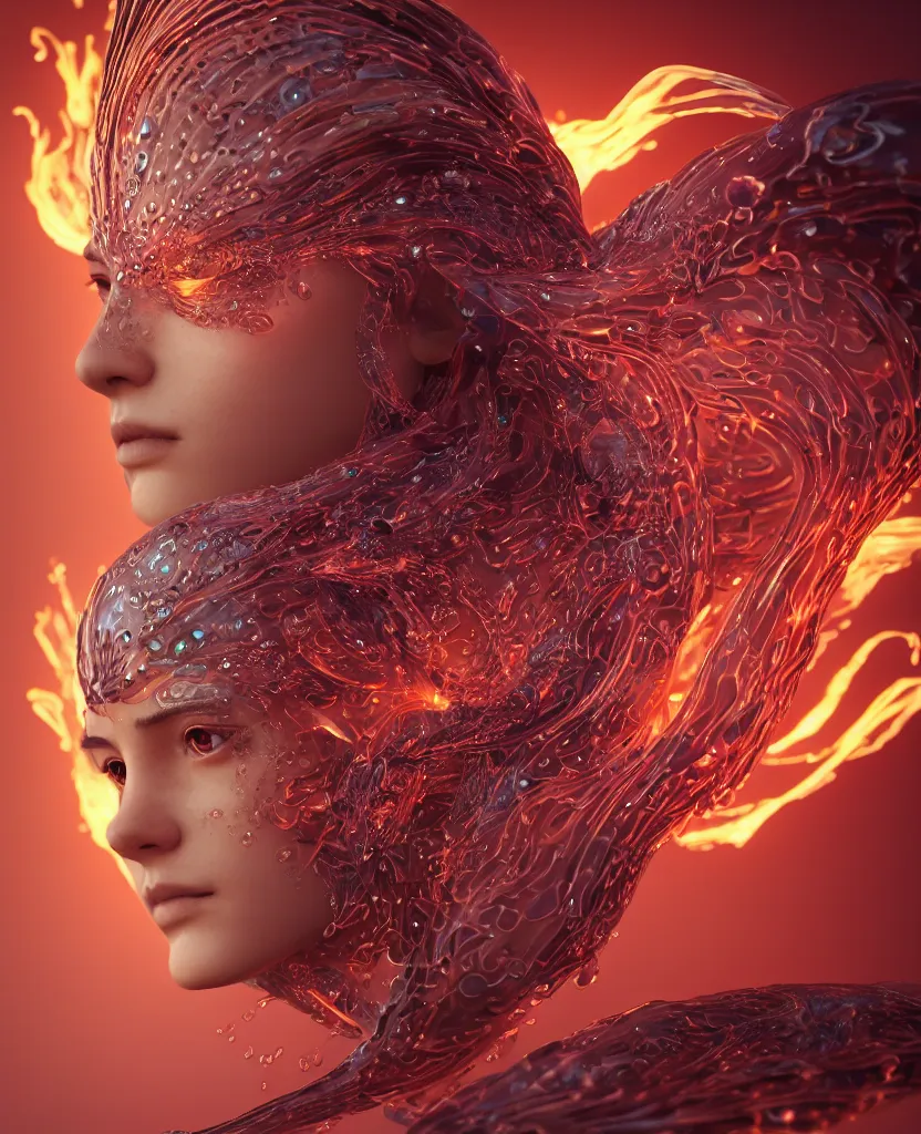 Image similar to close-up macro portrait of the face of a beautiful princess, epic angle and pose, symmetrical artwork, 3d with depth of field, blurred background, cybernetic jellyfish female face skull phoenix bird, translucent, nautilus, energy flows of water and fire. a highly detailed epic cinematic concept art CG render. made in Maya, Blender and Photoshop, octane render, excellent composition, cinematic dystopian brutalist atmosphere, dynamic dramatic cinematic lighting, aesthetic, very inspirational, arthouse. y Greg Rutkowski, Ilya Kuvshinov, WLOP, Stanley Artgerm Lau, Ruan Jia and Fenghua Zhong