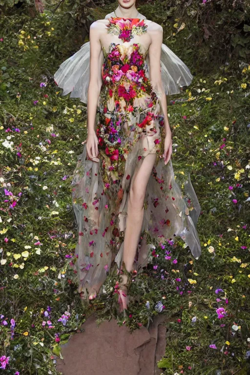 Image similar to beautiful model wearing valentino 2 0 1 4 cyber floral patterned layered dress fashion outfit, jeweled headpiece mystical crown, bright ruins environment background overgrown with flowers