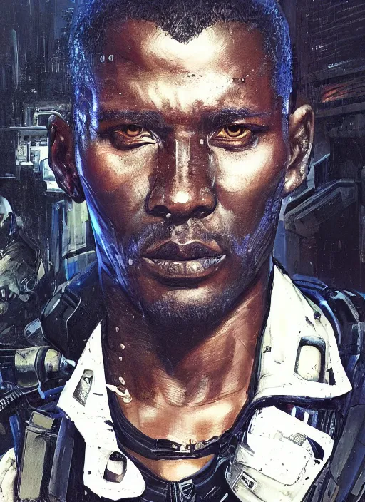 Image similar to dark skinned cyberpunk military man ( blade runner 2 0 4 9, dystopian, cyberpunk 2 0 7 7 character design ), advanced warfare, attractive face. portrait by james gurney and laurie greasley and yoji shinkawa, oil on canvas. cinematic composition, hyper realism, realistic proportions, anatomy, dramatic lighting, photorealistic, high detail, 4 k