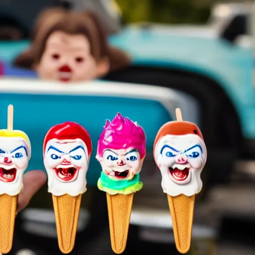 Image similar to close up menu of ice cream popsicles shaped like screaming chucky dolls on side of ice cream truck