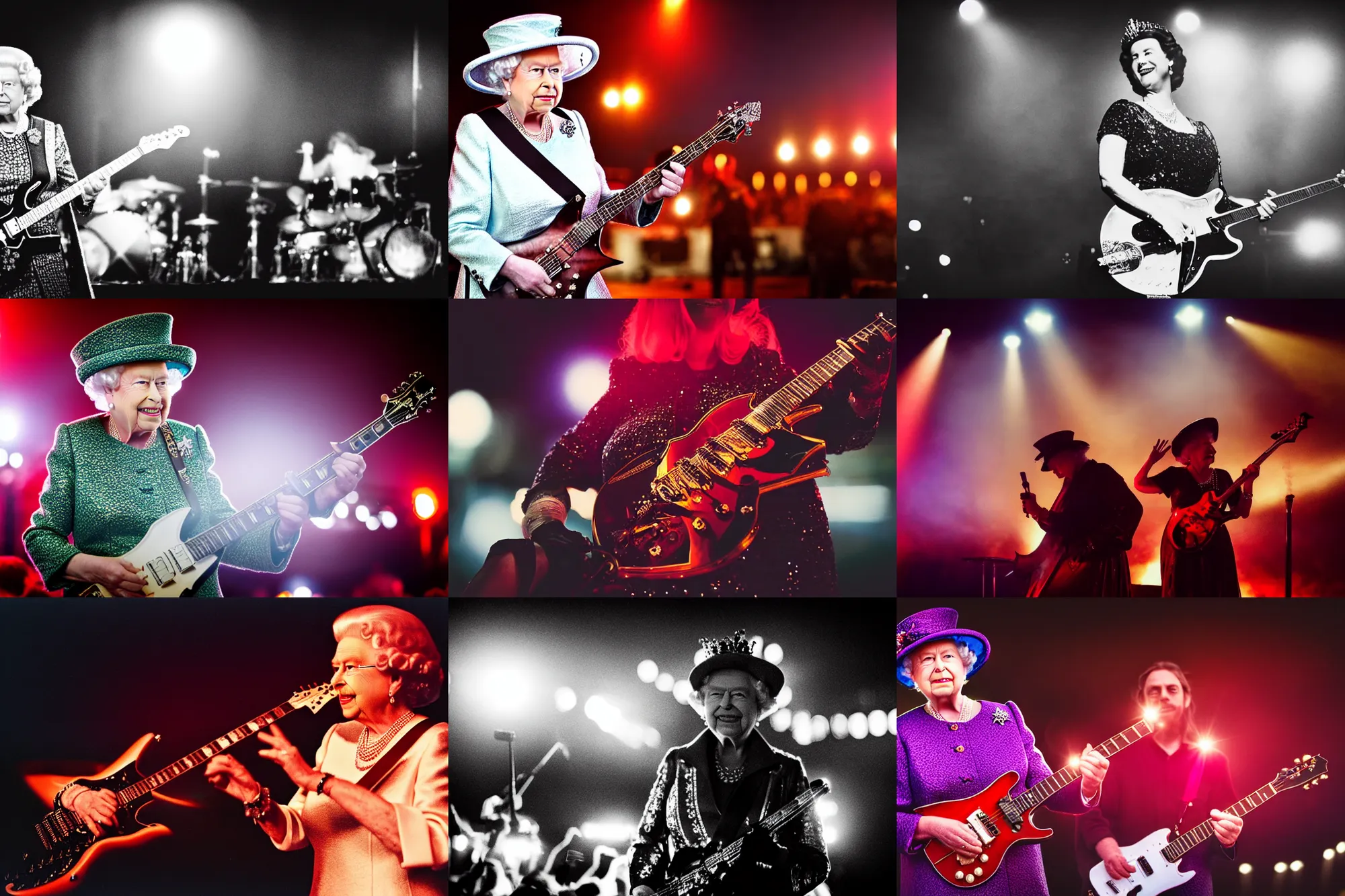 Prompt: queen elizabeth playing a metal guitar solo on stage at a music festival, at night, photograph, depth of field, bokeh