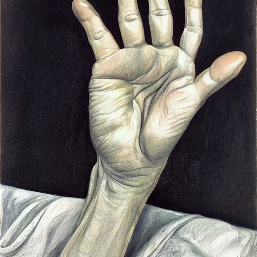 Image similar to detailed study of a human hand, Lucian Freud