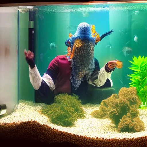 Image similar to a man in a fishtank dressed as a fish, reclining and smoking