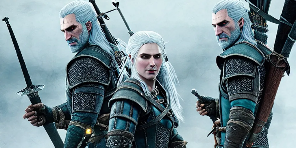 Image similar to witcher 3 ciri and geralt in the battle of the 5 armies lord of the rings, in the style of chris achilleos and alan lee