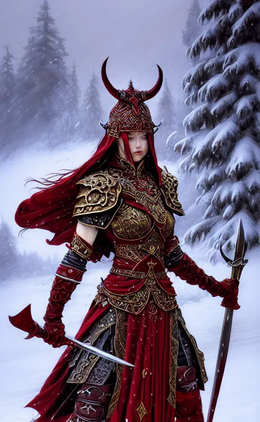 Image similar to crimson viking warrior, regal, elegant, winter, snow, beautiful, stunning, hd, illustration, epic, d & d, fantasy, intricate, elegant, highly detailed, wide angle, digital painting, artstation, concept art, smooth, sharp focus, illustration, wallpaper, art by artgerm and greg rutkowski and alphonse mucha and jin xiaodi