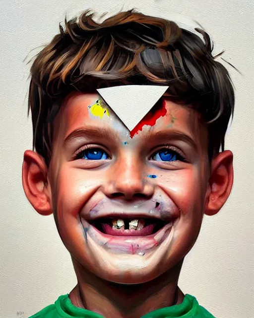 Prompt: painting, smiling boy, shards of time, face portrait, centered portrait, medium closd - up, illustration, highly detailed, simple, no jagged lines, smooth, artstation, artwork by obey, artwork by sandra chevrier