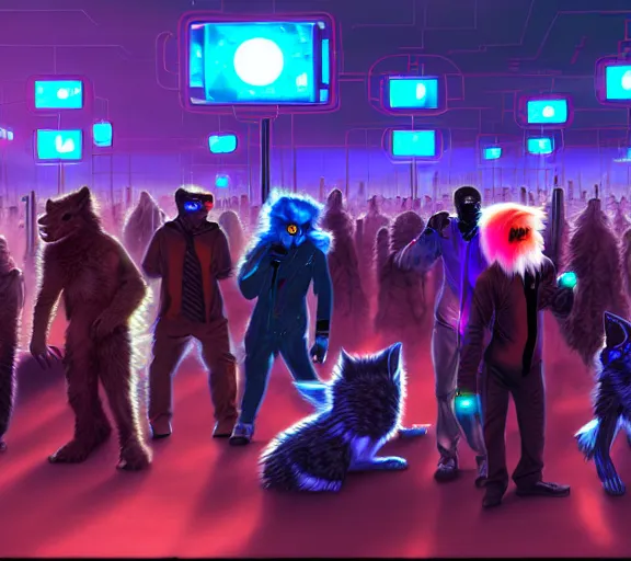 Image similar to high - resolution photograph from a cyberpunk era furry fandom convention ( midwest furfest 2 0 4 7 ), taking place after the genetic revolution and quantum singularity. photorealistic.