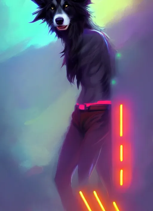 Image similar to wide angle beautiful full body portrait of a cute male anthropomorphic anthro border collie fursona wearing cowboy outfit in a neon metropolis, character design by charlie bowater, henry asencio, and ross tran, furry art, furaffinity, beautiful, glamor pose, detailed, aesthetic, trending on artstation