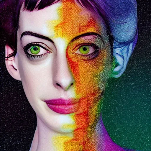 Image similar to surreal Anne Hathaway covered in chromatic distortions standing in mysterious place, beautiful, pscychodelic, trending on artstation, artwork by Hughes, Edward Robert