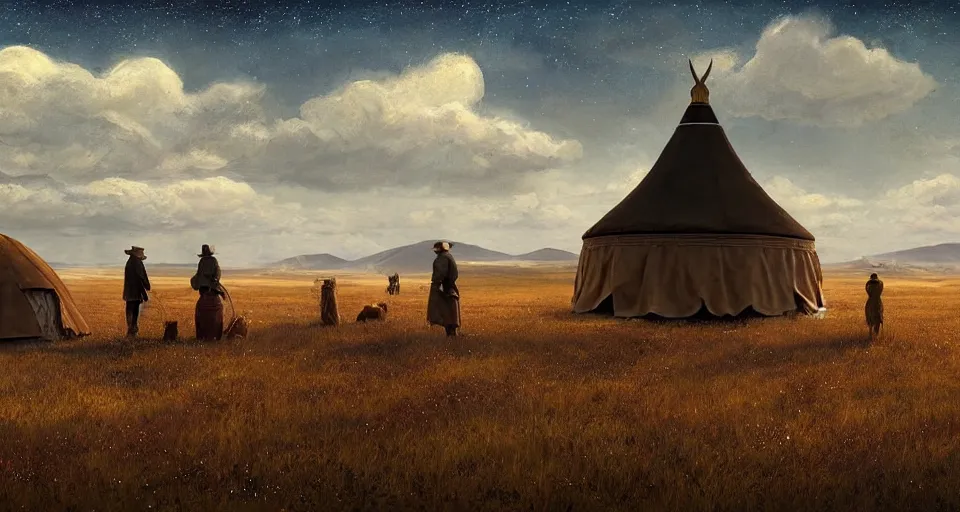 Image similar to deep night, stars shining, a yurt, a bull, in the steppe, summer field, from the game pathologic 2, highly detailed, sharp focus, matte painting, by isaac levitan and asher brown durand,