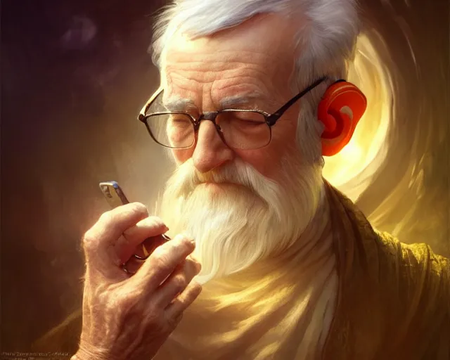 Image similar to photography of an old man trying to use an ipod, deep focus, d & d, fantasy, intricate, elegant, highly detailed, digital painting, artstation, concept art, matte, sharp focus, illustration, hearthstone, art by artgerm and greg rutkowski and alphonse mucha