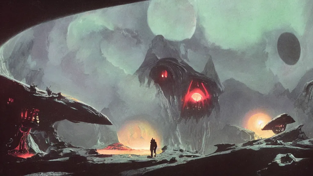 Image similar to eerie atmospheric alien planet by paul lehr and jack gaughan and john schoenherr, epic cinematic matte painting