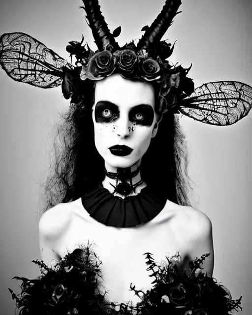 Image similar to dreamy surreal poetic black and white photo of a beautiful young female-cyborg-vegetal with a very long neck and a super big gothic lace collar filled with dead flies and a very high big floral crown with many black dry roses by Vivienne Westwood:: smoke, high fashion, haute couture, rococo, avant-garde, elegant, dreamy, hyper realistic, 150 mm lens, soft rim light, octane render, unreal engine, picture was taken in 1910 by Dora Maar, volumetric lighting, dramatic light,8k,