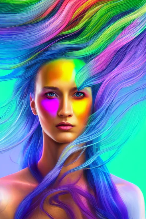 Image similar to a award winning half body portrait of a beautiful woman with stunning eyes in a croptop and cargo pants with rainbow colored ombre hairstyle head in motion and hair flying by thomas danthony, surrounded by whirling illuminated liquids and lines, outrun, vaporware, shaded flat illustration, digital art, trending on artstation, highly detailed, fine detail, intricate