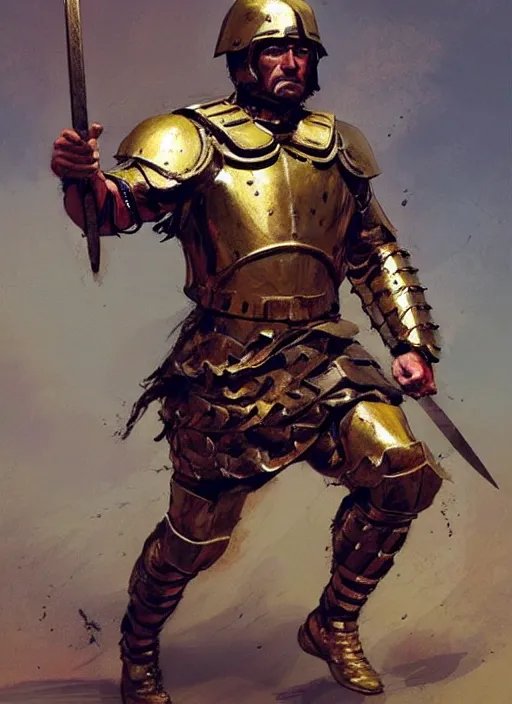 Prompt: muscular roman soldier with sword by simon bisley and greg rutkowski, full body gold plate armor! dynamic battle pose, vivid color scheme