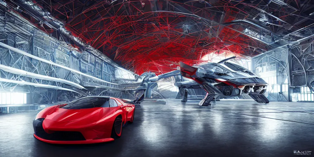 Prompt: kama russian electrocar, inside futuristic hangar, red car, sharp focus, ultra realistic, ultra high pixel detail, cinematic, intricate, cinematic light, unreal engine 8 k, 8 k, epic, majestic, intricate, volumetric lighting, dramatic vivid and vibrant colors, trending on artstation, behance