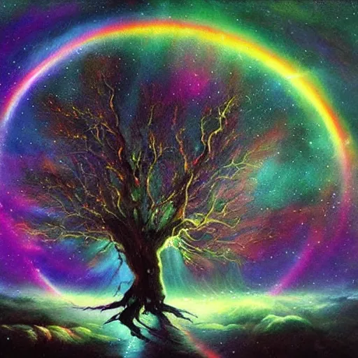 Image similar to the ghost of the world tree radiates rainbow light into the dark cosmos, epic painting, romanticism, atmospherics