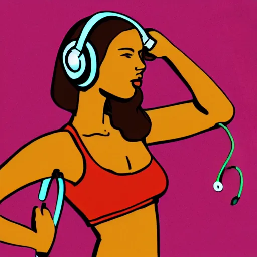 Image similar to a realism illustration of a beautiful woman with headphones dancing