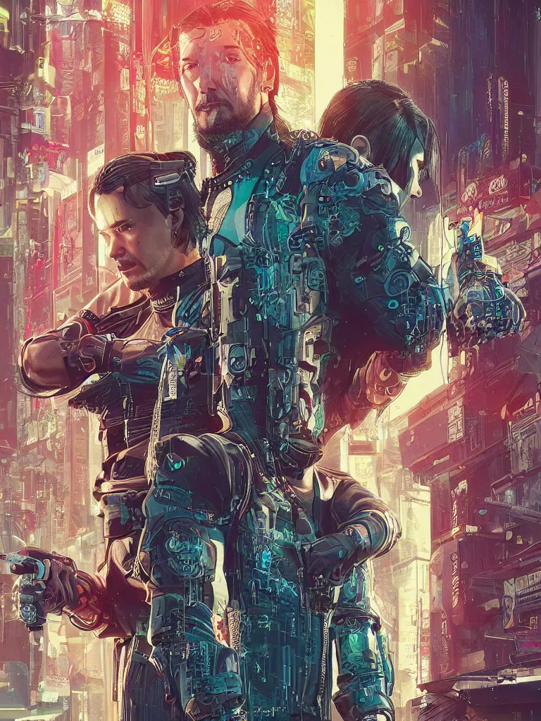 Image similar to a cyberpunk 2077 couple portrait of Keanu Reeves as Johnny Silver hand and female V in daily life ,love story, pray, hug, hold, kiss, film lighting, by Laurie Greasley, William Morris, Dan Mumford, John Wick, Speed, Replicas, Destination Wedding, The Lake House, artstation, full of color, Digital painting, face enhance, highly detailed,8K, octane, golden ratio, cinematic lighting