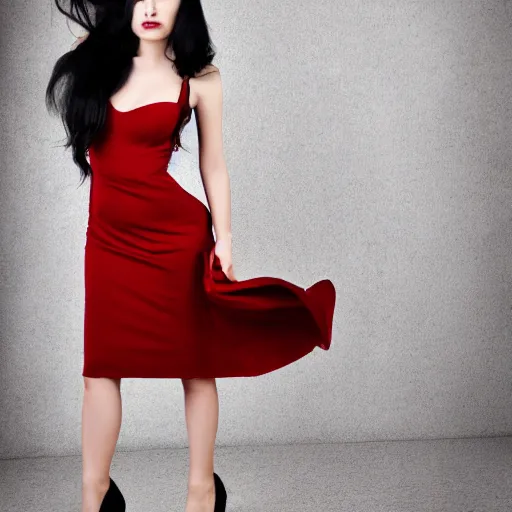 Prompt: Beautiful woman in a black and red dress, long black hair, professional photography